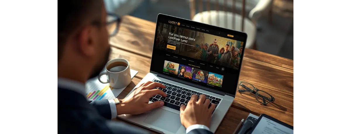 Spieler nutzt LuckyHeroes Casino auf Laptop im Online Casino